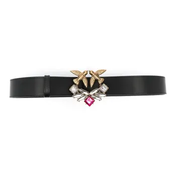 PINKO Love Berry Crystal Ornament Smooth Buckle Leather Belts Women's Black Width: 4cm