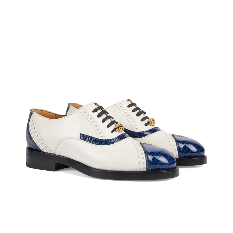 GUCCI Leather Lace up Shoes White Blue Women's-2