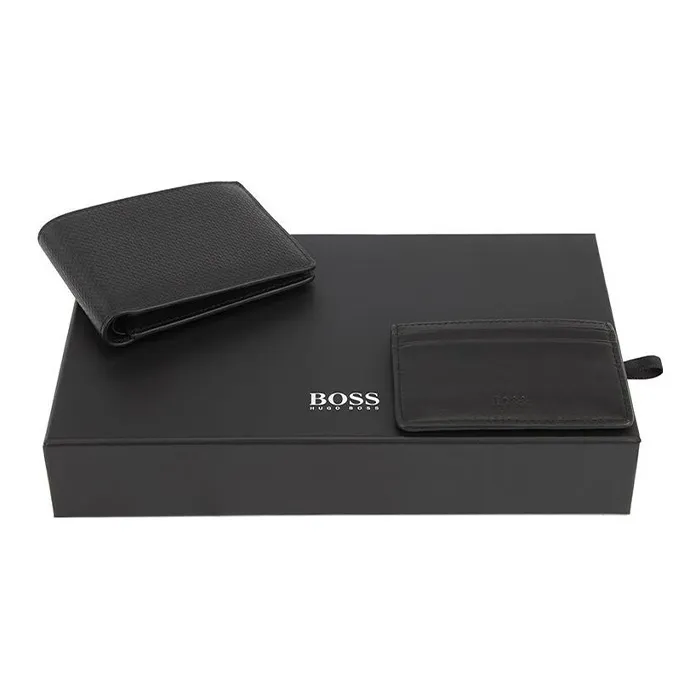 HUGO BOSS Grained Cow Leather Card Holder Wallet Gift Box Set Large Size Men's Black-1