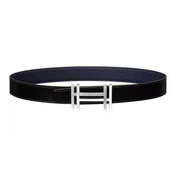 HERMES Smooth Buckle Leather Belts Unisex Black/Blue Purple 3.2cm