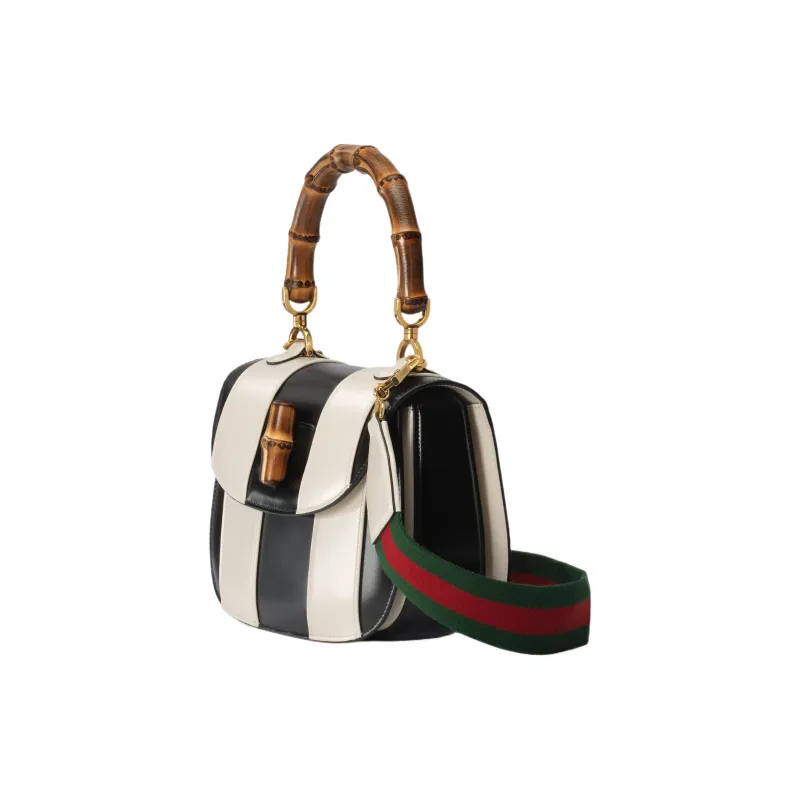 GUCCI Bamboo 1947 Leather Shoulder Bag Crossbody Bag Handbag Medium Size Women's Black/White-2