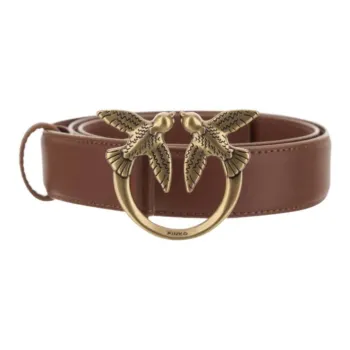 PINKO Symmetrical Flying Bird Logo Letter Carving Smooth Buckle Leather Calfskin Leather Belts Women's Brown Width 3CM