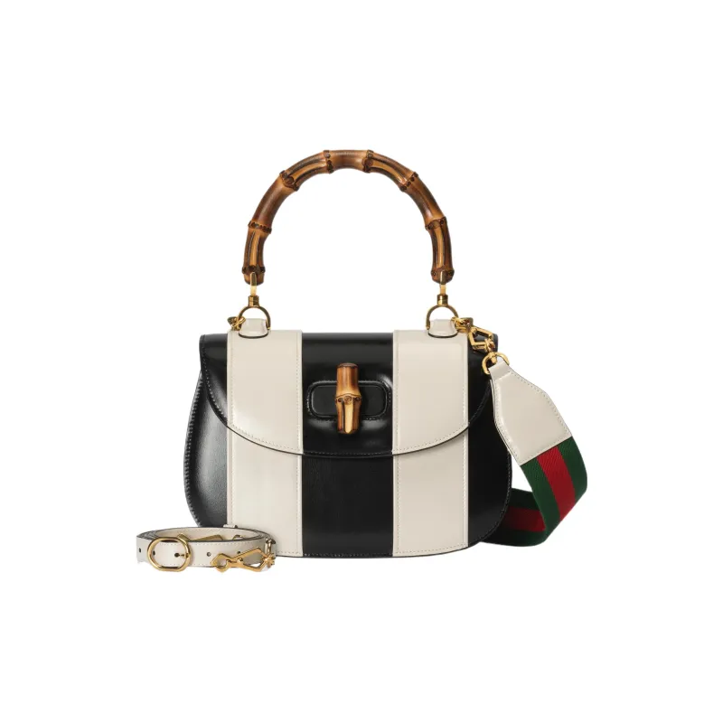 GUCCI Bamboo 1947 Leather Shoulder Bag Crossbody Bag Handbag Medium Size Women's Black/White-1