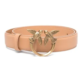 PINKO Iconic Love Birds Ring Buckle Leather Belts Women's Beige Width 3.5cm