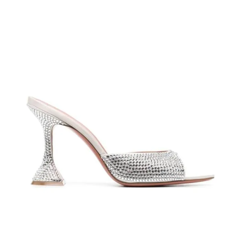 AMINA MUADDI Caroline 95mm Crystal Slide Sandal Silver Satin & White Crystals-1