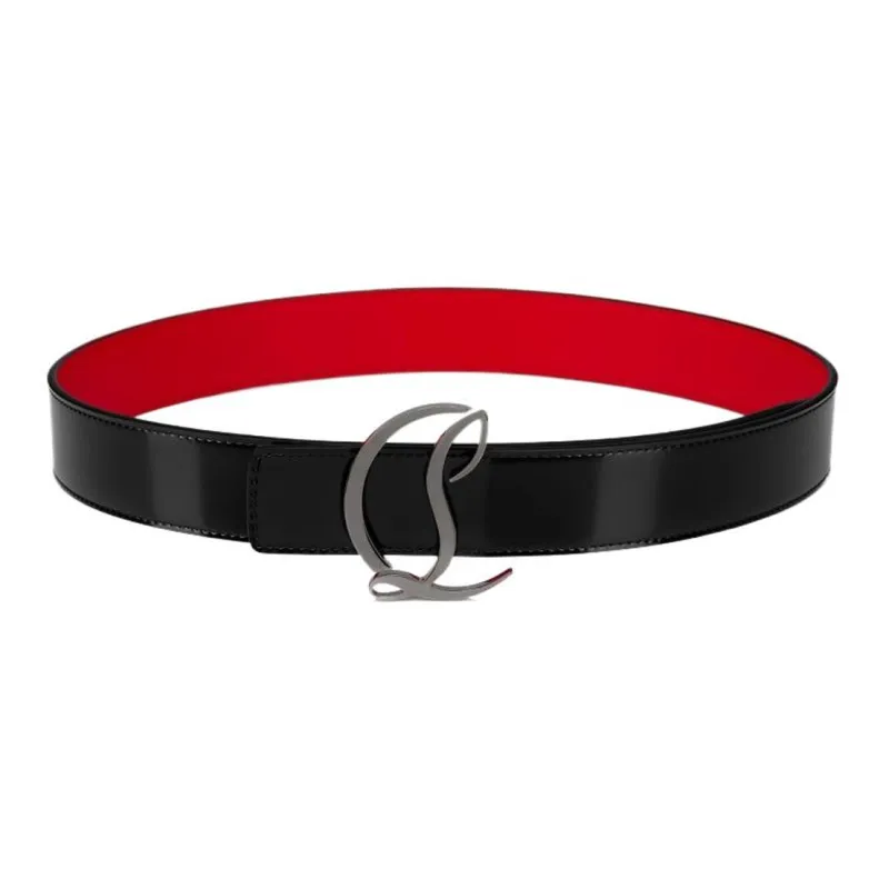 CL LUBOTING Logo Styling Smooth Buckle Leather Belts Women's Black Width 3.5CM-1