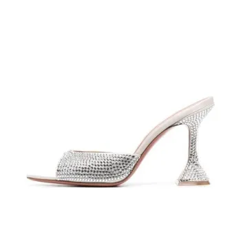 AMINA MUADDI Caroline 95mm Crystal Slide Sandal Silver Satin & White Crystals