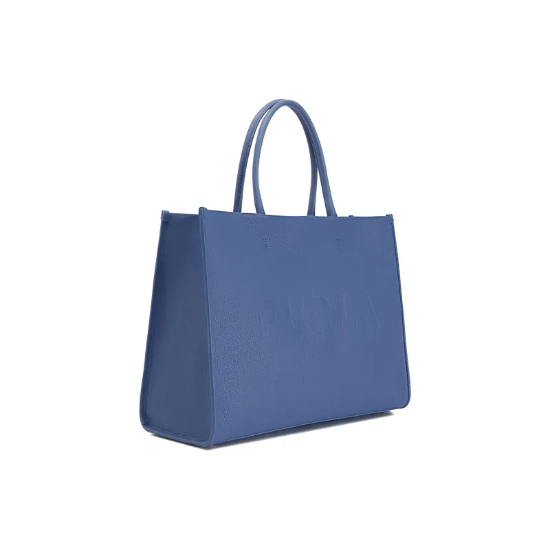Furla Embossed Grained Leather Tote Bag Shopping Bag Shoulder Bag Handbag Large Size Women's Blue-1