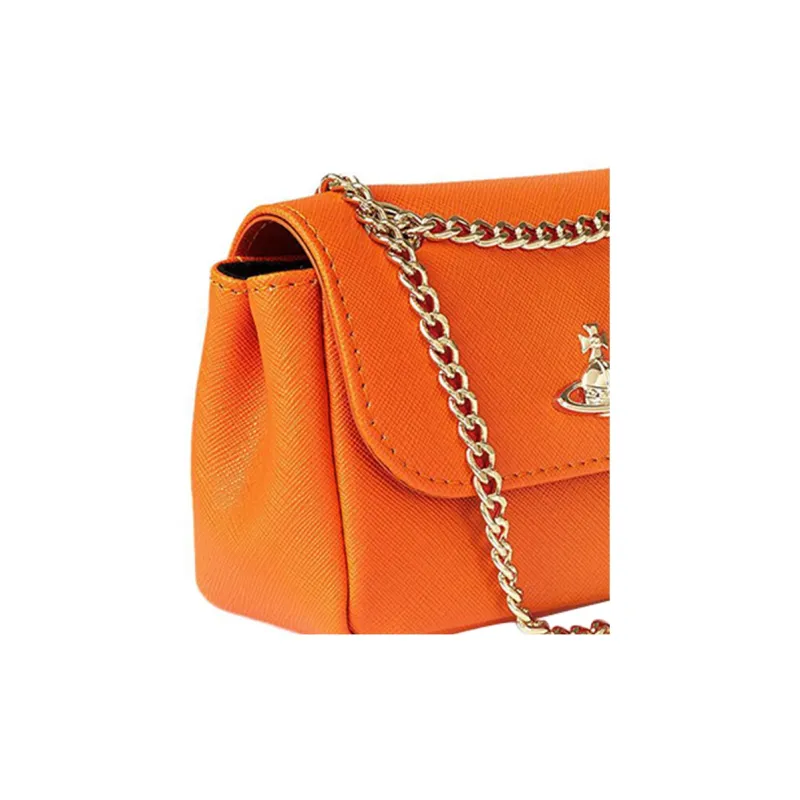 Vivienne Westwood Saffiano Cow Leather Crossbody One Shoulder Wallet Small Size Women's Orange-3