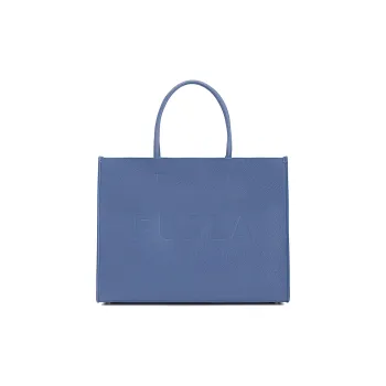 Furla Embossed Grained Leather Tote Bag Shopping Bag Shoulder Bag Handbag Large Size Women's Blue