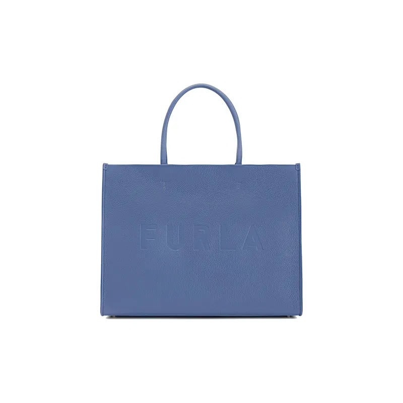Furla Embossed Grained Leather Tote Bag Shopping Bag Shoulder Bag Handbag Large Size Women's Blue-0