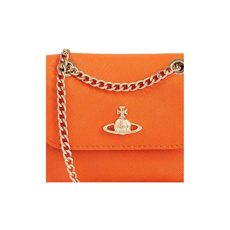 Vivienne Westwood Saffiano Cow Leather Crossbody One Shoulder Wallet Small Size Women's Orange-2