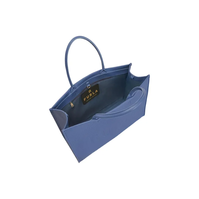 Furla Embossed Grained Leather Tote Bag Shopping Bag Shoulder Bag Handbag Large Size Women's Blue-3