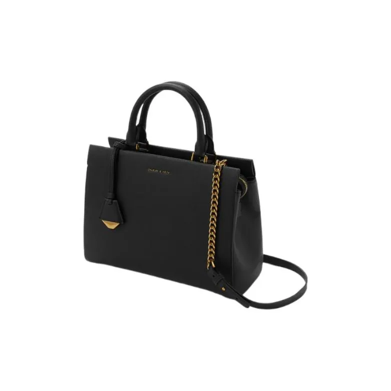CHARLES&KEITH Polyurethane Synthetic Leather Kelly Bag, Crossbody Handbag, Shoulder Bag Medium Size Women's Black-1