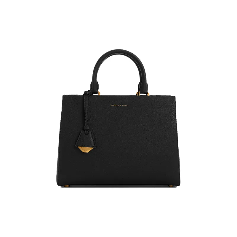 CHARLES&KEITH Polyurethane Synthetic Leather Kelly Bag, Crossbody Handbag, Shoulder Bag Medium Size Women's Black-0