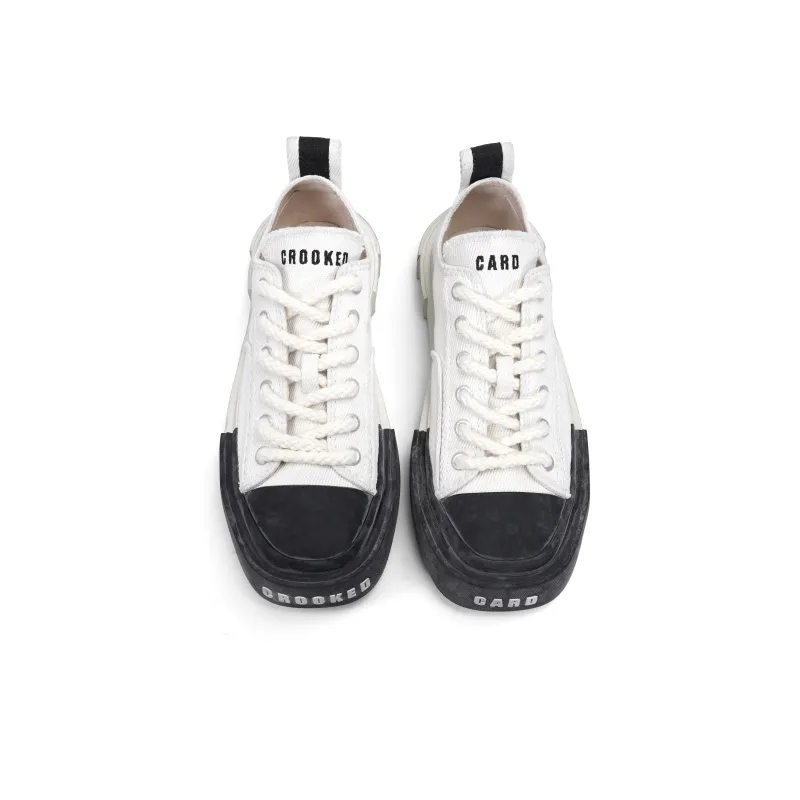 CROOKED CARD Durable Breathable Low Top Canvas Shoes Unisex White-5