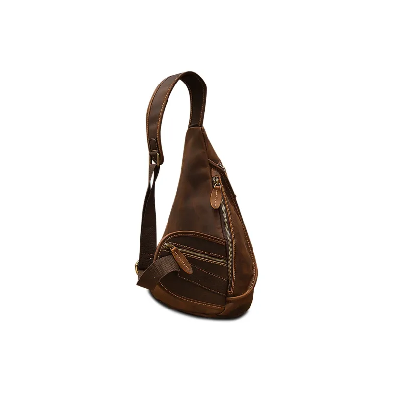 Simple&nature Handmade Genuine Leather Cow Leather Biker Bag Sling Large Size Men's Dark Brown-4