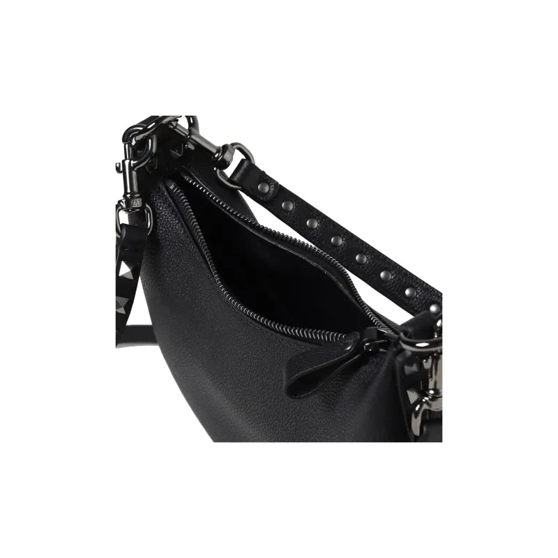 Valentino ROCKSTUD Grain Cow Leather Hobo Bag, Half Month Slanted, Single Shoulder Bag. Trumpets Women's Black-3