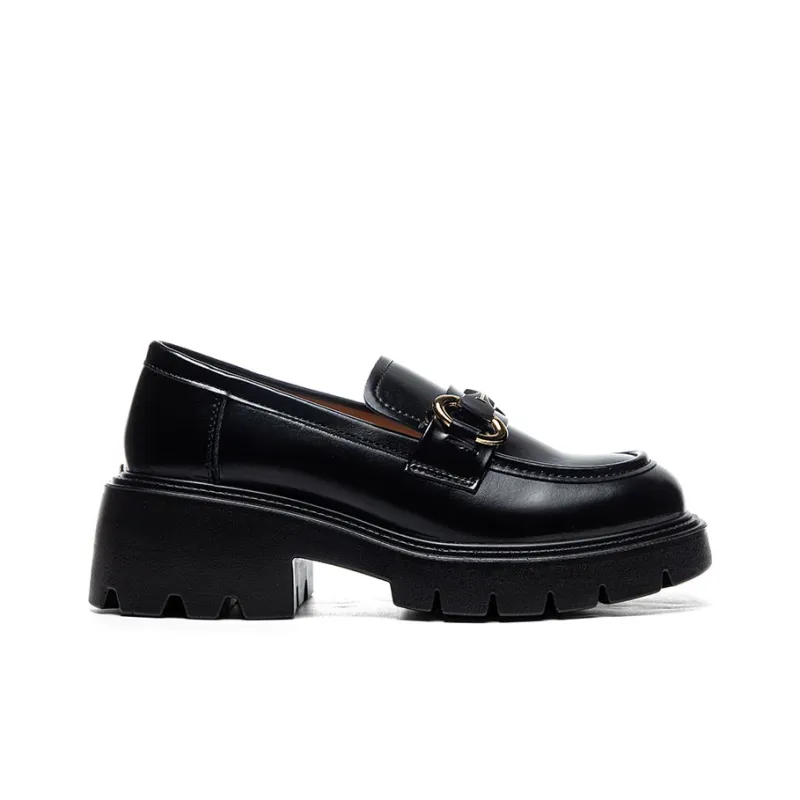 Warrior British Style Small Leather Shoes Loafers Women's Black-1