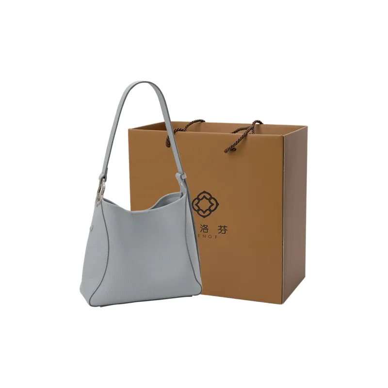 VENOF Cow Leather Bucket Bag, Shoulder Bag Women's Oak Skin White/Misty Blue-12