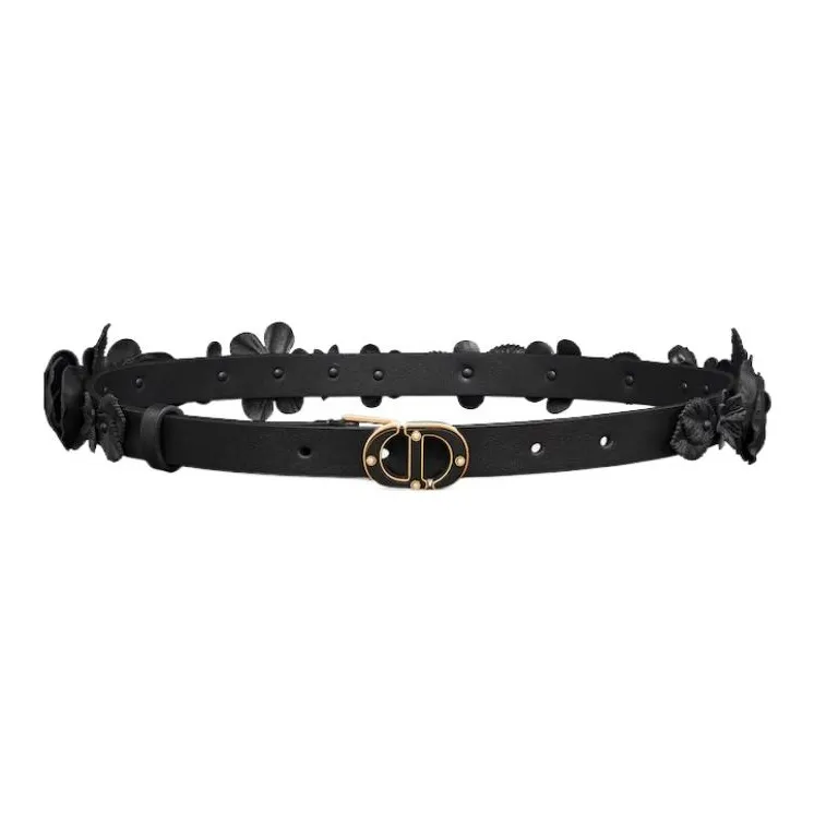 DIOR Gold Smooth Buckle Leather Belts Women's Black 1.7cm-0