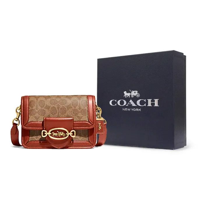 COACH Hero Coated Canvas With Calfskin Handbag, Shoulder Bag, Crossbody Bag Trumpets Women's Brown & Orange Red-5