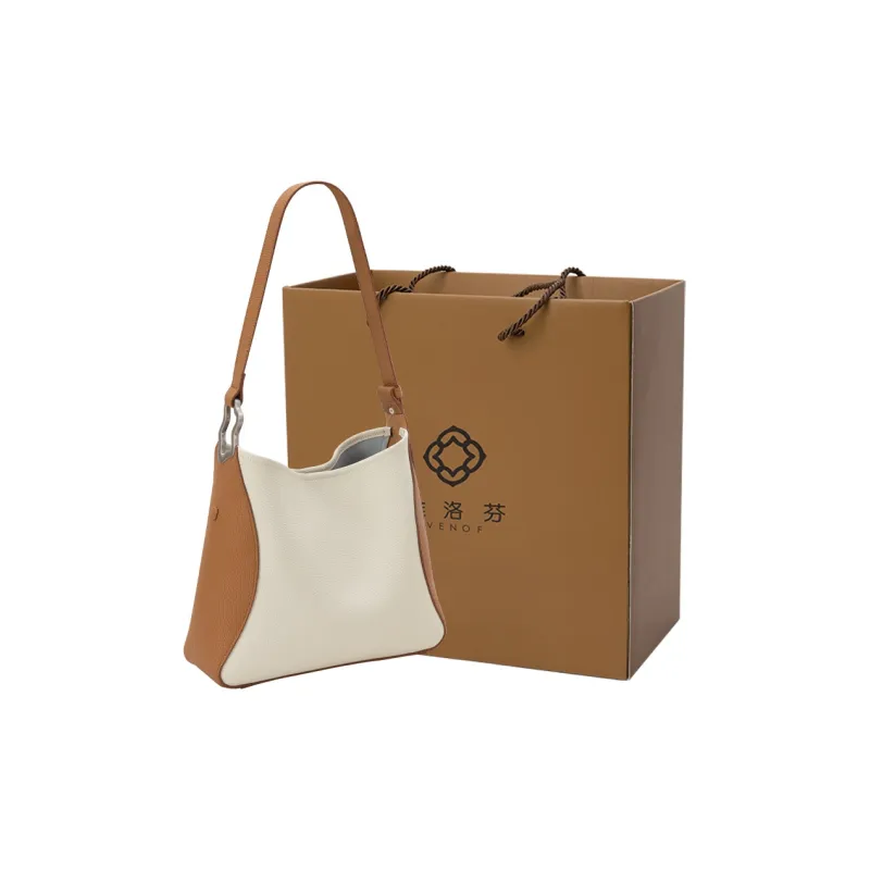 VENOF Cow Leather Bucket Bag, Shoulder Bag Women's Oak Skin White/Misty Blue-4