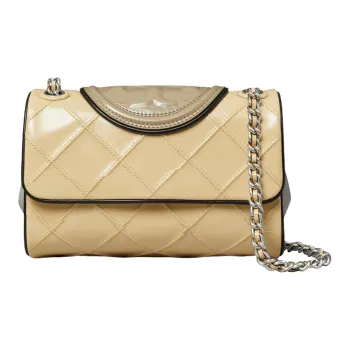 TORY BURCH Fleming Patent Leather With Nappa Leather Crossbody Bag, Shoulder Bag Small Size Women's Light Yellow