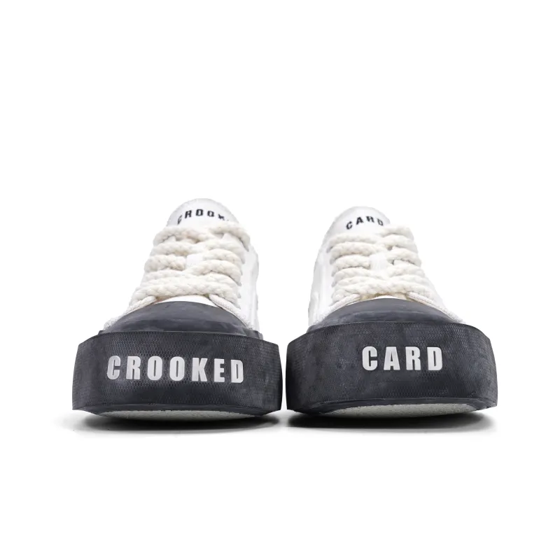CROOKED CARD Durable Breathable Low Top Canvas Shoes Unisex White-2