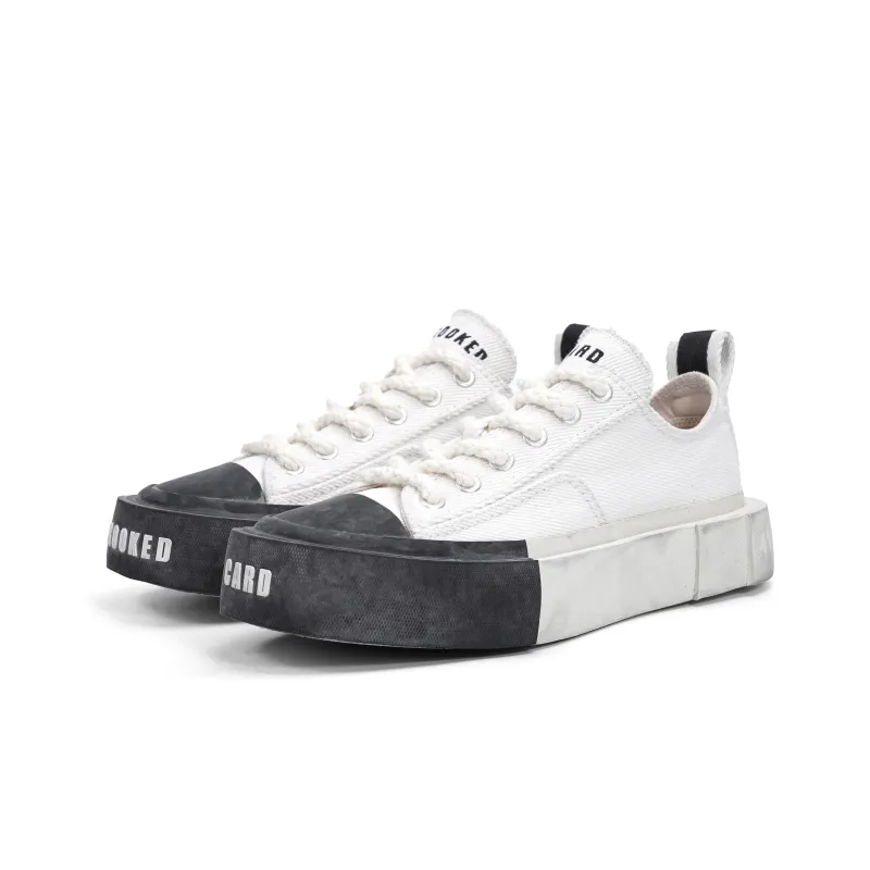 CROOKED CARD Durable Breathable Low Top Canvas Shoes Unisex White-3