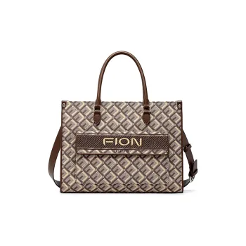 FION Fabric Micro Embroidery Tote One Shoulder Handbag Large Size Women's Multicolor