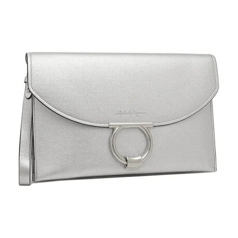 FERRAGAMO Leather Clutch Regular Women's Silver-2