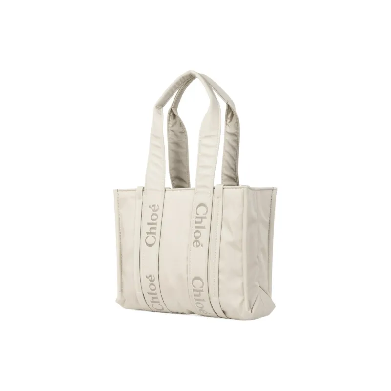 Chloe Woody Recycled Nylon Tote Bag, Shopping Bag, Shoulder Bag, Handbag Medium Size Women's Ivory Gray-1