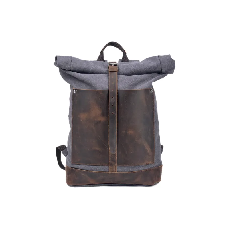 Slazenger Canvas With Top Grain Cow Leather Backpack Large Size Unisex Coffee/Dark Gray/Military Green-4