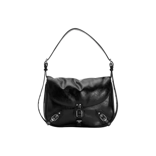 UNITE STAR PU Waxed Leather Messenger Bag Crossbody Handbag Shoulder Bag Medium Size Women's Black