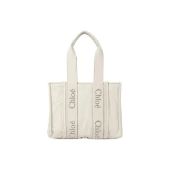 Chloe Woody Recycled Nylon Tote Bag, Shopping Bag, Shoulder Bag, Handbag Medium Size Women's Ivory Gray