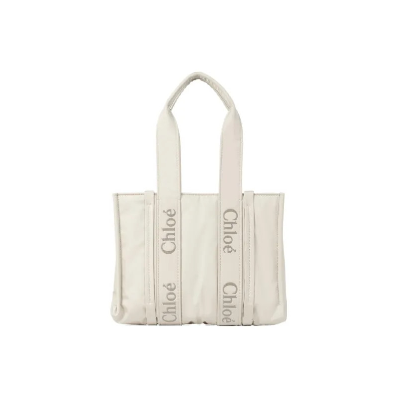 Chloe Woody Recycled Nylon Tote Bag, Shopping Bag, Shoulder Bag, Handbag Medium Size Women's Ivory Gray-0