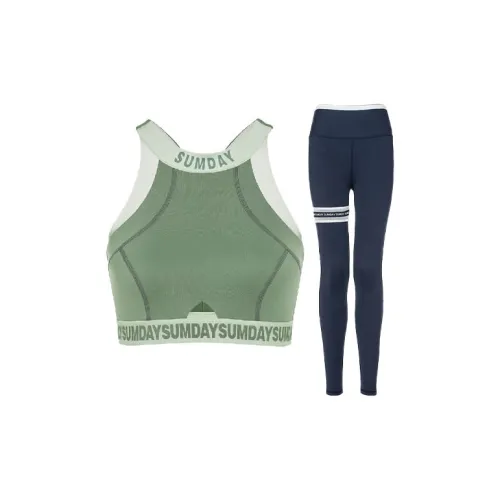 Sumday Athletics Casual Suits Women's Set Green Tops+Marine Blue Pants