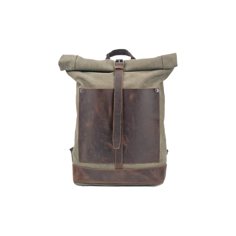 Slazenger Canvas With Top Grain Cow Leather Backpack Large Size Unisex Coffee/Dark Gray/Military Green-8