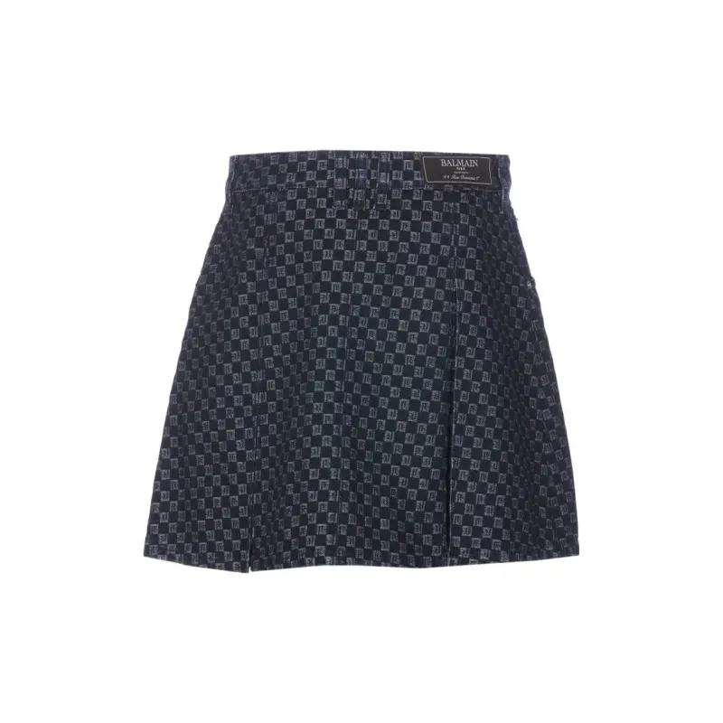BALMAIN Pleated Monogram jacquard Denim Miniskirt-1