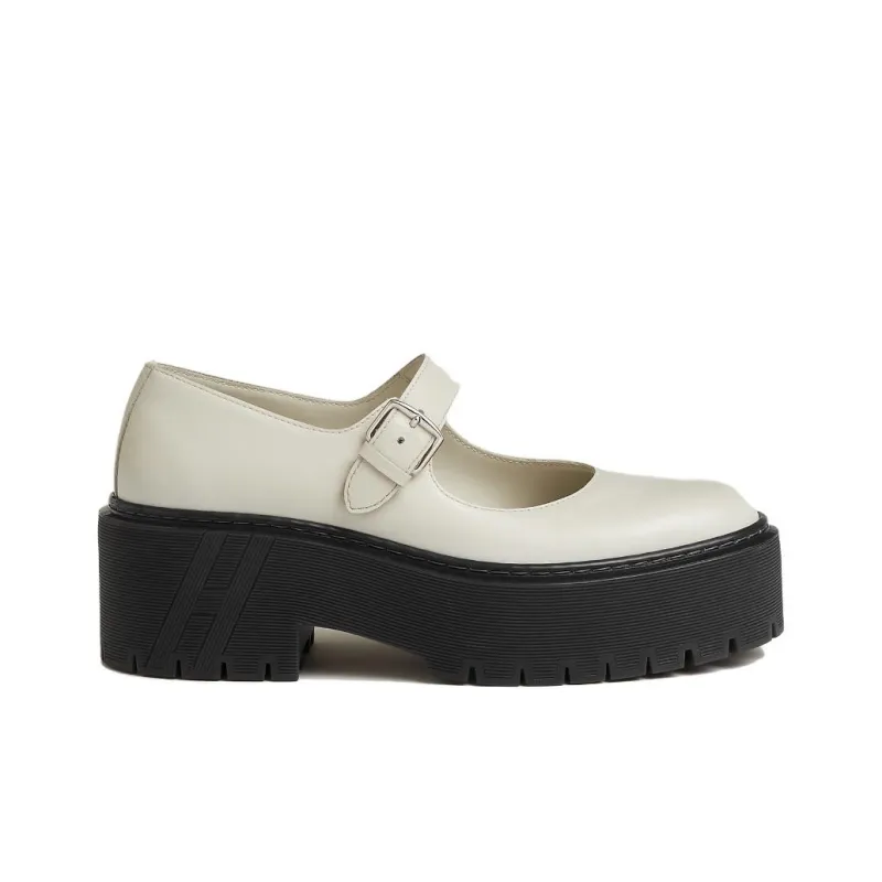 HERMES Hoxton Chunky Heel Mary Jane Shoes 6cm Women's Beige Black-1