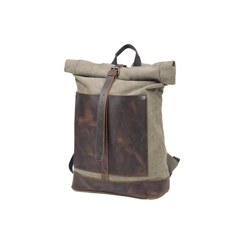 Slazenger Canvas With Top Grain Cow Leather Backpack Large Size Unisex Coffee/Dark Gray/Military Green-9