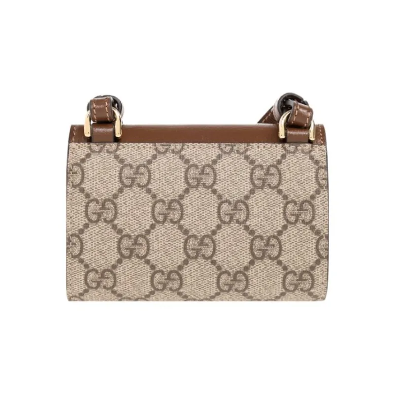 GUCCI Horsebit 1955 Canvas With Leather Crossbody Bag Coin Purse Card Holder Wallet Mini Women's Beige/Ebony-2