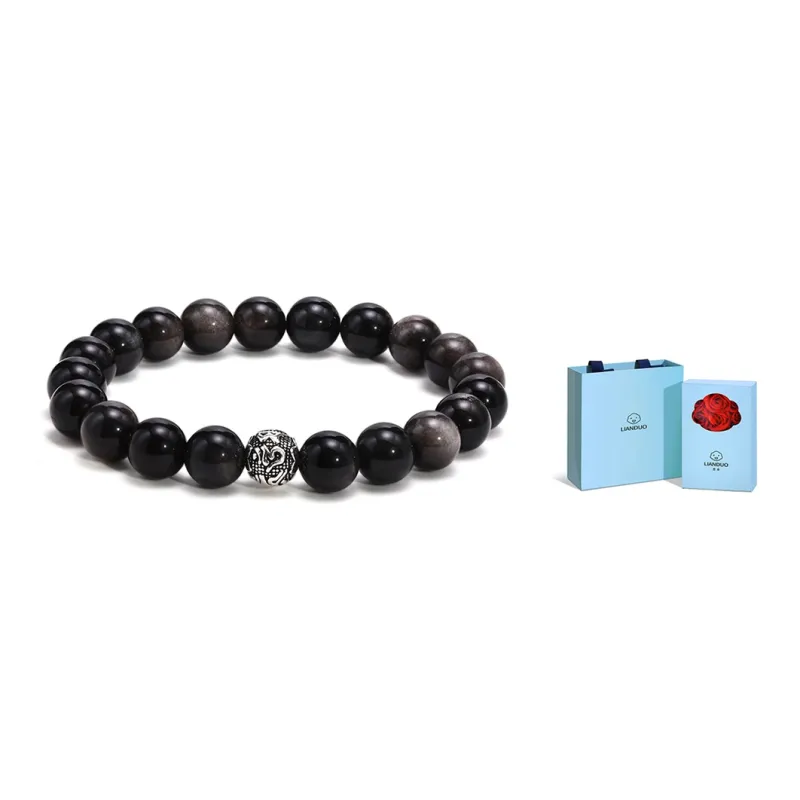 LIANDUO 925 Sterling Silver Black Obsidian Agate Bracelets Unisex-0
