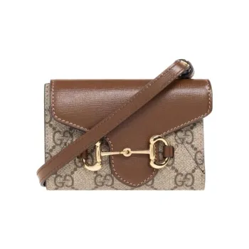 GUCCI Horsebit 1955 Canvas With Leather Crossbody Bag Coin Purse Card Holder Wallet Mini Women's Beige/Ebony