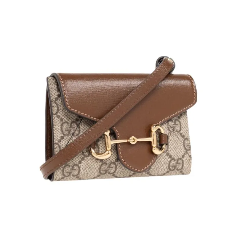 GUCCI Horsebit 1955 Canvas With Leather Crossbody Bag Coin Purse Card Holder Wallet Mini Women's Beige/Ebony-1