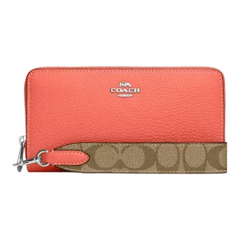 COACH Zip Around Coated Canvas With Leather Coin Pocket Clutch Wallet Trumpets Women's Orange
