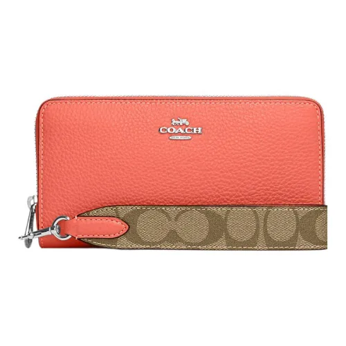 COACH Zip Around Coated Canvas With Leather Coin Pocket Clutch Wallet Trumpets Women's Orange