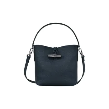 LONGCHAMP Cow Leather Bucket Bag Crossbody Handbag Shoulder Bag Small Size Women's Navy