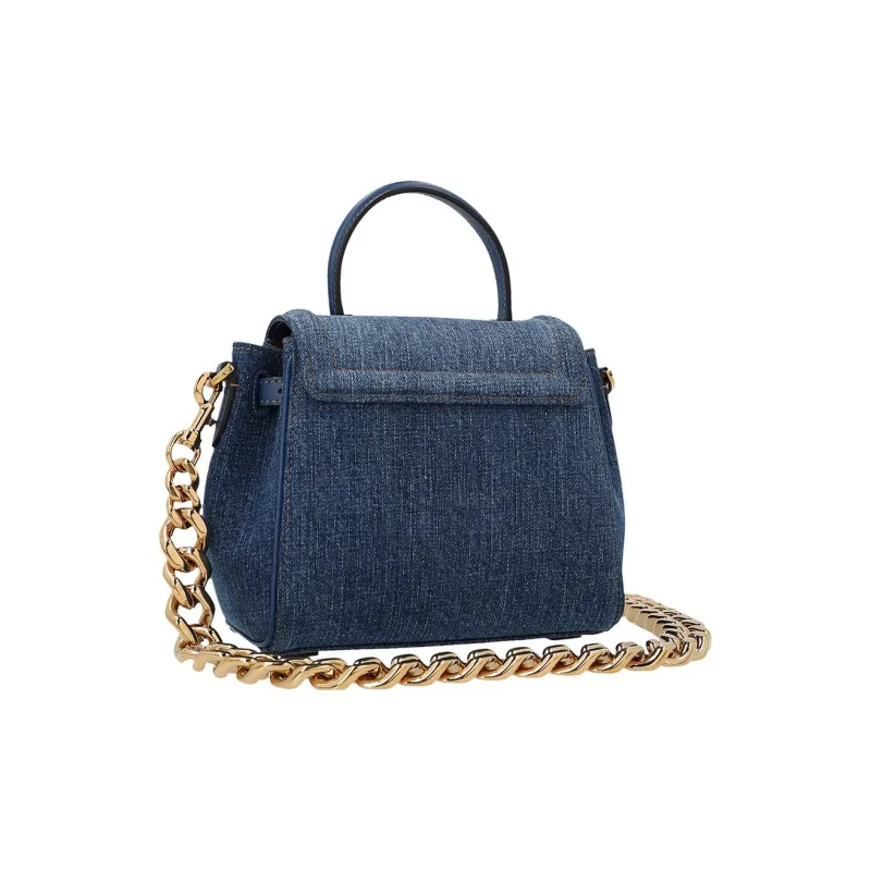 VERSACE La Medusa Cotton With Small Cow Leather Detail Shoulder Bag Crossbody Bag Handbags Small Size Women's Blue-3